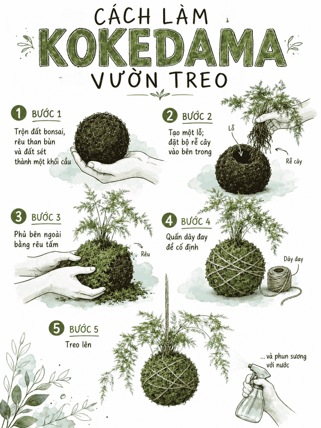 Quy trình cách làm Kokedama tại nhà: tạo cầu đất, đặt rễ, phủ rêu, quấn dây và treo cây.